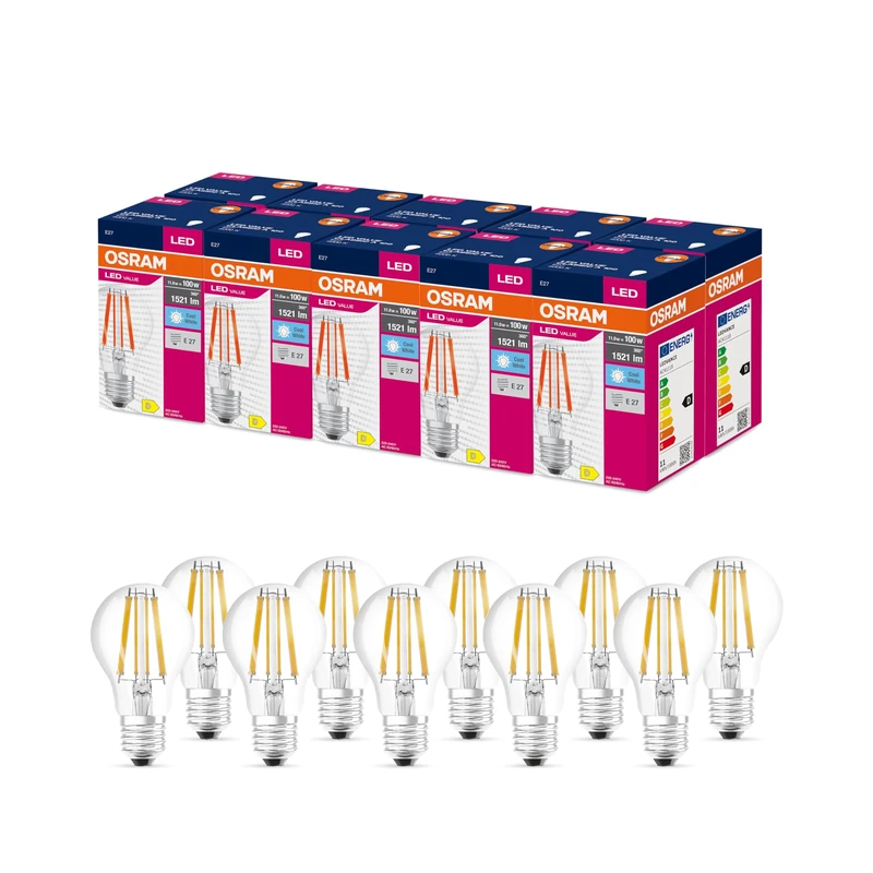 Ledvance Led Star Value Classic A100 Led Lamp for E27 Socket, Pear Shape, Fil, 1521 Lumens, Cold White (4000K), Replacement for Conventional 100W Light Bulbs, Not Dimmable, 10-Pack