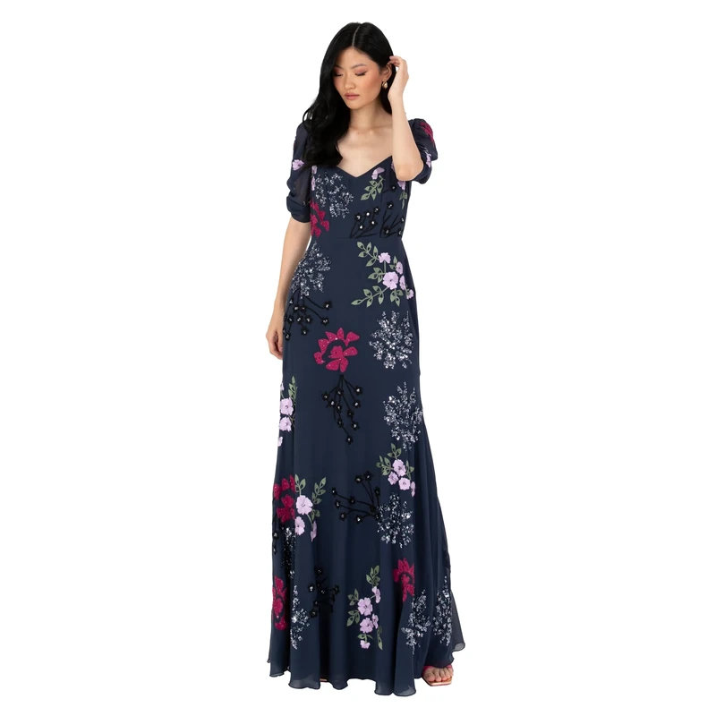 Maya Deluxe Women's Maxi Dress Ladies Embroidered Sweetheart Neckline Ruched Sleeves for Wedding Guest Bridesmaid Prom Ball Gown, Navy, 26