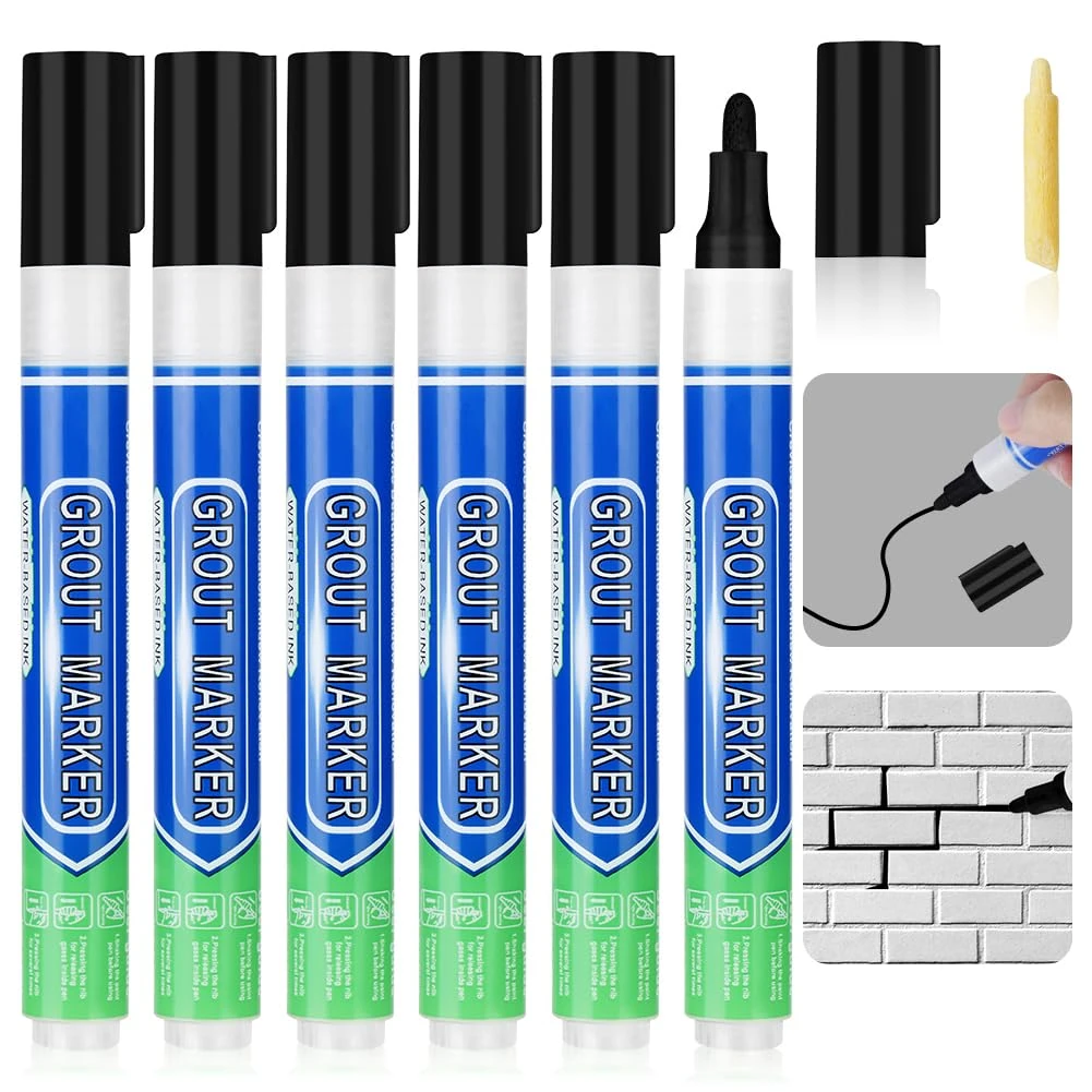 Flintronic 6PCS Grout Pen, Black Tile Paint Marker with Replacement Nib, Tiles grout pen Wall Repair Pens, Tile-grout Reviver pens for Bathrooms Kitchen Floor tile, wall Lines