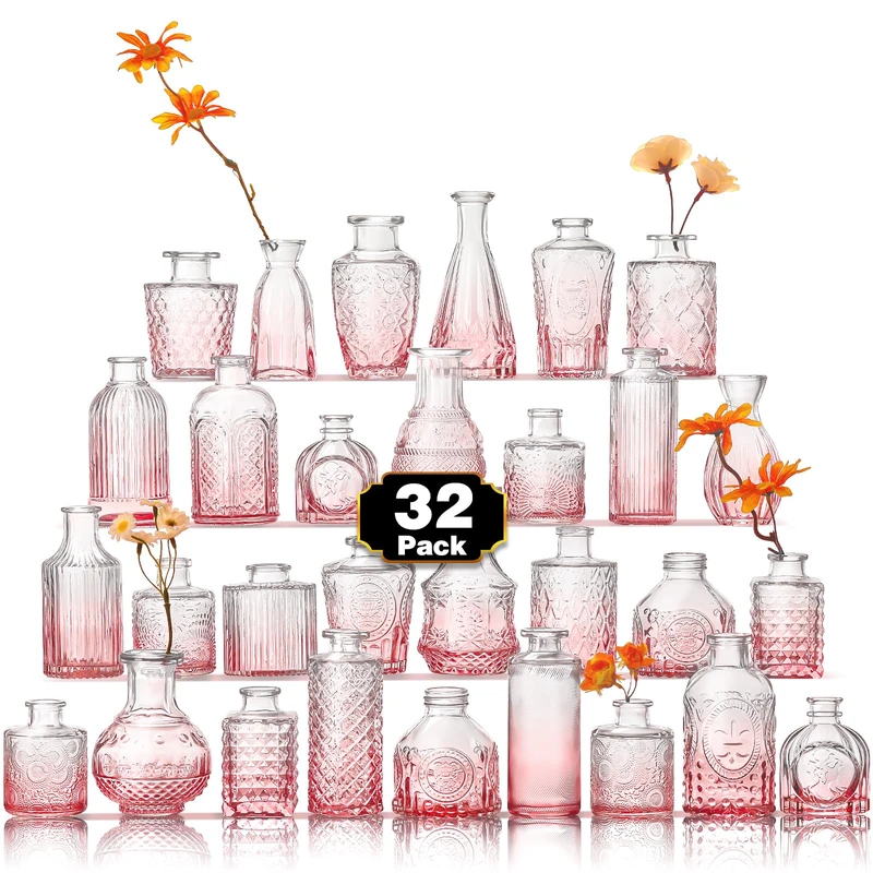 Arme Bud Vase Set of 30, Pink Vases in Bulk Bud Vase for Flower Small Glass Vases for Wedding Centerpieces, Vintage Cute Mini Flower Vases, Home Table Flower Decor