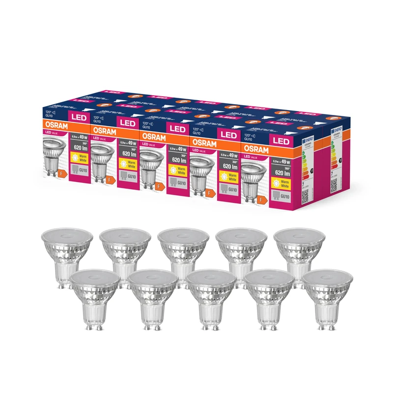 OSRAM Led Star Value Par16 Led Lamp for Gu10 Base, Reflector Lamp, Gl, 620 Lumens, Warm White (3000K), Replacement for Conventional 49W Light Bulbs, Not Dimmable, 10-Pack