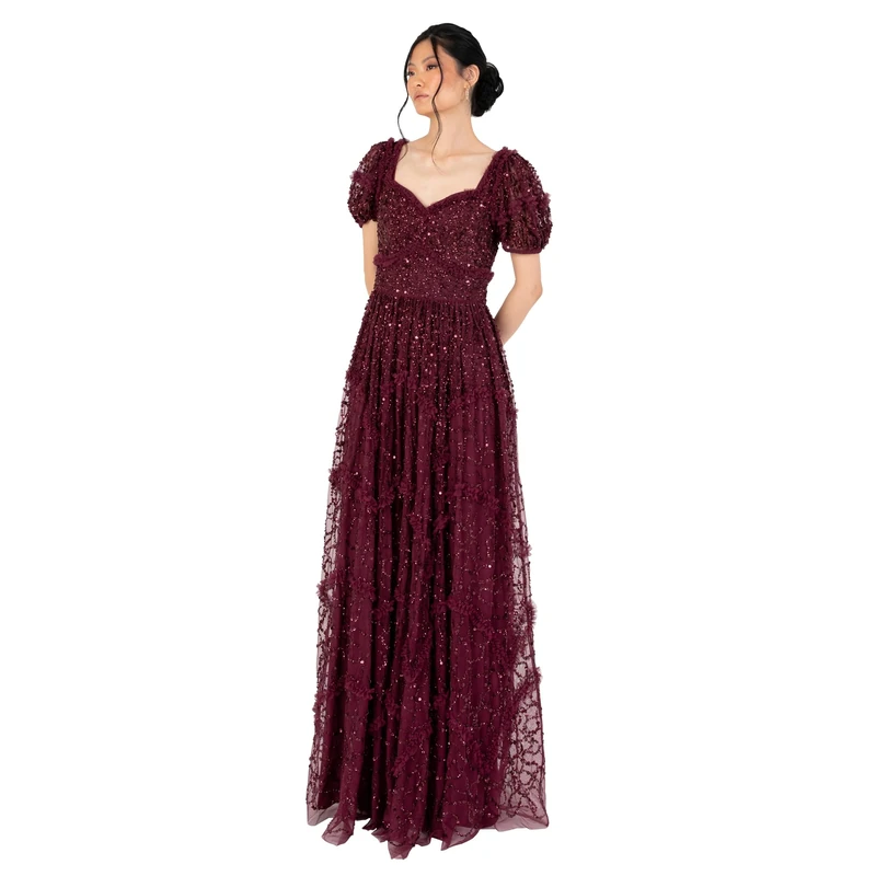 Maya Deluxe Women's Maxi Dress Ladies Embellished Frilly Sweetheart Neckline Short Sleeve for Wedding Guest Bridesmaid Prom Ball Gown Dress, Wine Red, 8