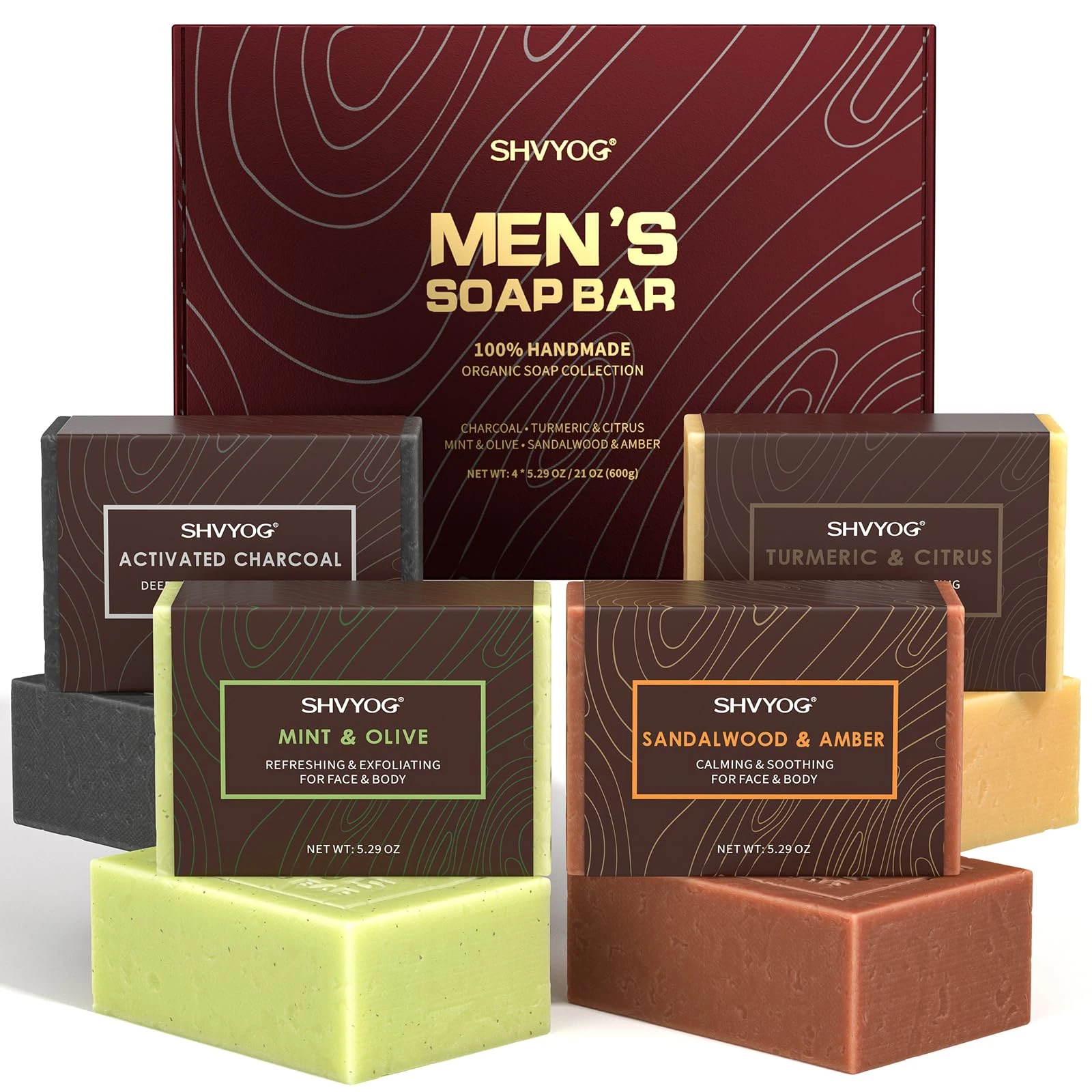 4 Pcs Natural Men`s Soap, SHVYOG Men`s Bar Soap, Handmade Exfoliating Soap, Deep Cleansing, Refreshing, Moisturizing Bar Soap for Body & Face - Sandalwood Amber, Mint, Charcoal, Turmeric