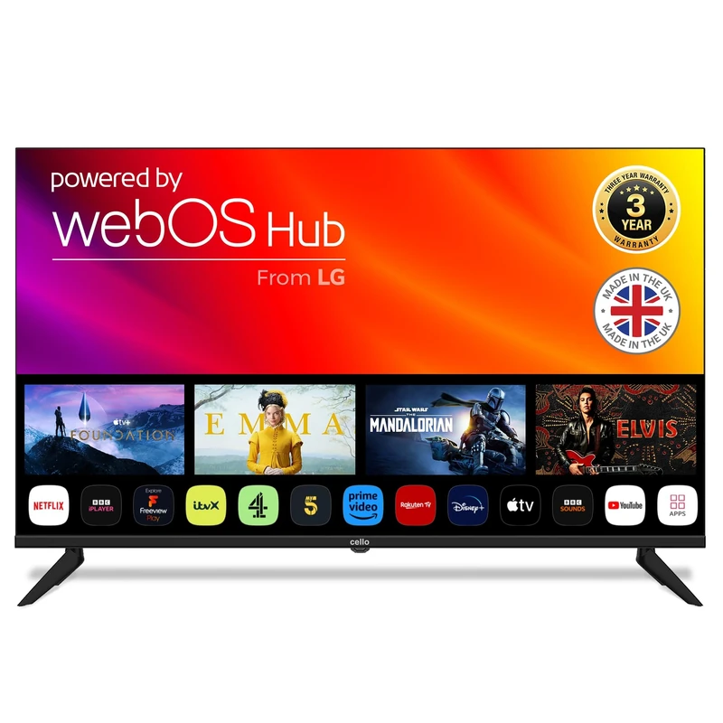 Cello Frameless 43 inch Smart LED TV Made in the UK with Freesat HD Freeview Ultrafast WebOS Netflix Prime Video Apple TV Disney Plus Bluetooth 3 HDMI USB Ideal for Bedroom