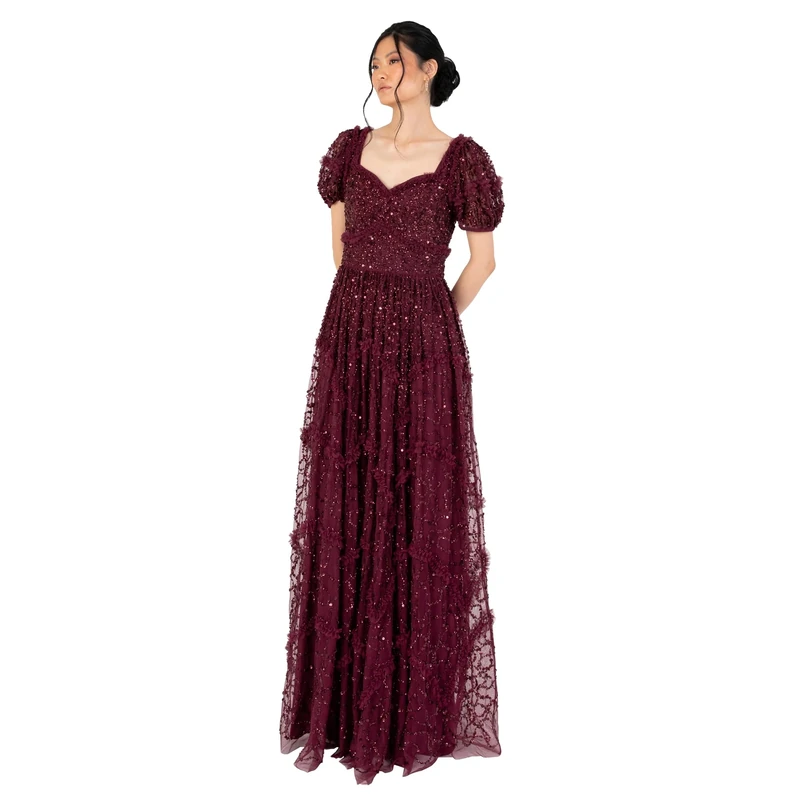 Maya Deluxe Women's Maxi Dress Ladies Embellished Frilly Sweetheart Neckline Short Sleeve for Wedding Guest Bridesmaid Prom Ball Gown Dress, Wine Red, 16