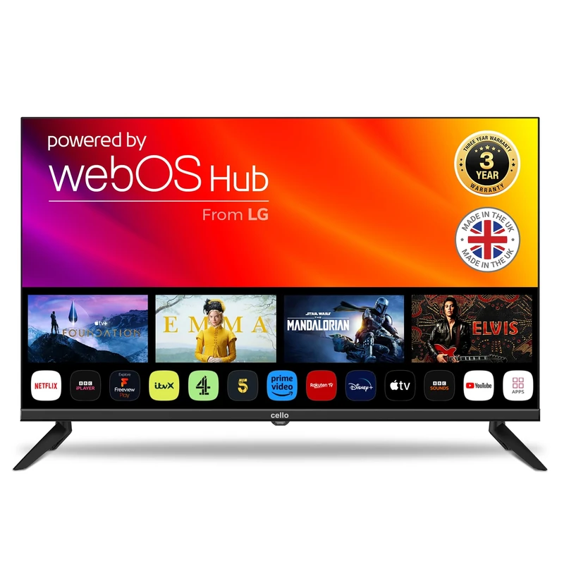 Cello Frameless 32 inch Smart LED TV Ultrafast WebOS with Freeview and Freesat HD Netflix Prime Video Bluetooth 3 HDMI USB Made in the UK Ideal for Bedrooms