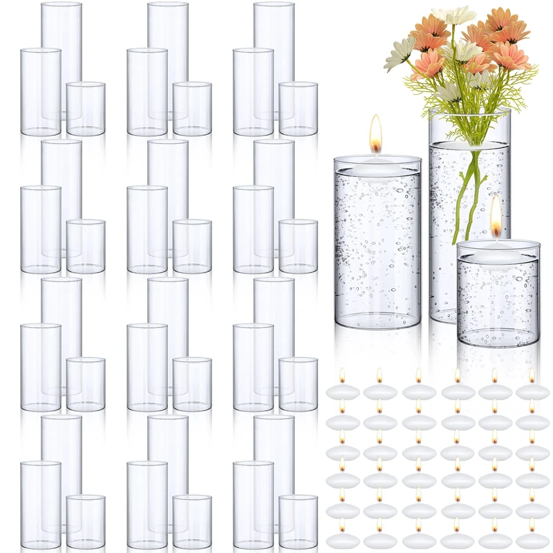 Yungyan 36 Pcs Clear Glass Cylinder Vase 36 Pcs Floating Candles Set Decorative Tall Clear Vase Glass Cylinder Candle Holder for Flowers Table Centerpieces Party Supplies Wedding Home Decor, 3 Size