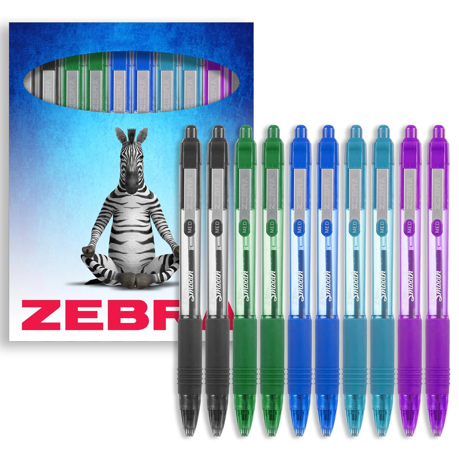 Zebra Z-Grip Smooth Ballpoint Pen - 1.0mm - Essential Set - Black, Blue, Light Blue, Green & Violet Ink - Pack of 10 - in Zebra Packaging