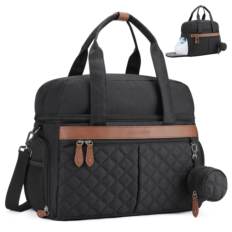 Maelstrom Breast Pump Bag, Diaper Bag Tote with 4 Insulated Cooler Pockets, Double-layer Work Bag for Breastfeeding Mom with 15" 6 Laptop Pocket Fit Most Breast Pumps-Black