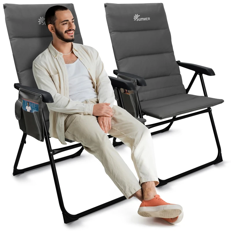 SUNMER Luxury Padded High Back Camping Recliner Chair- 5 Position Reclining Folding Deck Garden Fishing Chair - Set of 2, Grey