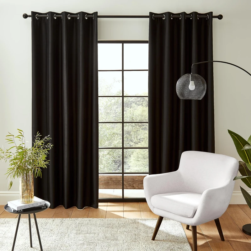 Catherine Lansfield Downstairs Faux Silk 90x90 Inch Blackout Thermal Insulating Eyelet Curtains Two Panels Black