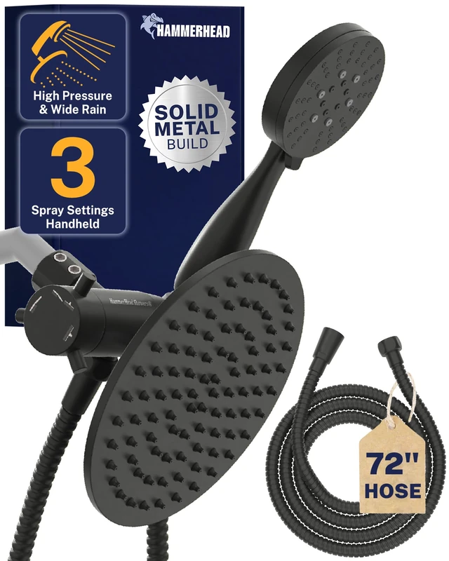 Hammerhead Showers All Metal Dual Head Combination - Matte Black - 8" High Flow Rainfall Head and 3-Flow Handhead with 6ft High Pressure Hose - Luxury Double Heads with Rain