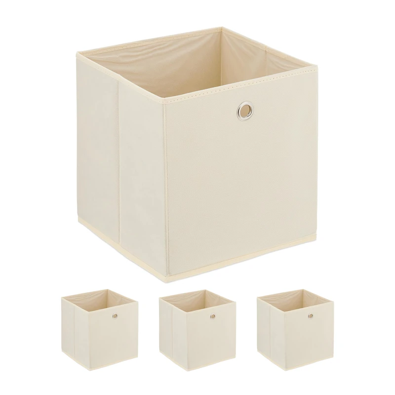 Relaxdays Set of 4, Foldable, HWD: 30x30x30 cm, Fabric Storage Box with Handle, Open Shelf Basket, Creme, Iron, 30 x 30 x 30 cm