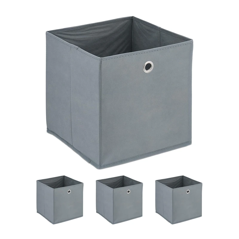 Relaxdays Set of 4 Storage Boxes, Foldable, 30x30x30 cm, Fabric Storage Box with Handle, Open Shelf Basket, Light Grey