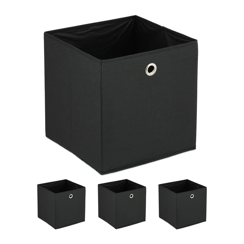 Relaxdays Set of 4 Storage Boxes, Foldable, HWD: 30x30x30 cm, Fabric Storage Box with Handle, Open Shelf Basket, Black