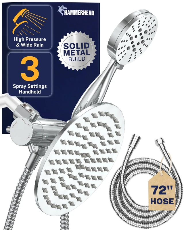 Hammerhead Showers Dual Shower Head Combo, 8-Inch Rainfall & 3-Flow Handheld, Chrome, 2.5 GPM