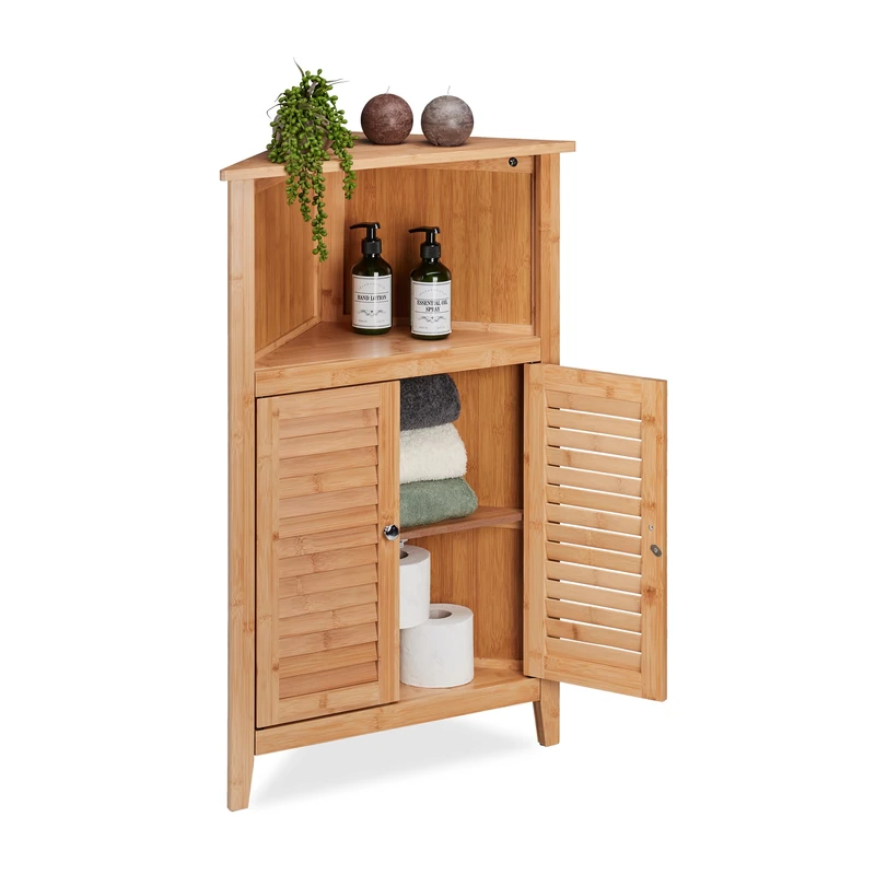 Relaxdays Corner Cabinet, Bamboo, HWD: 92x58x30 cm, Bathroom, Sauna. Kitchen, Storage Unit with 2 Slatted Doors, Natural