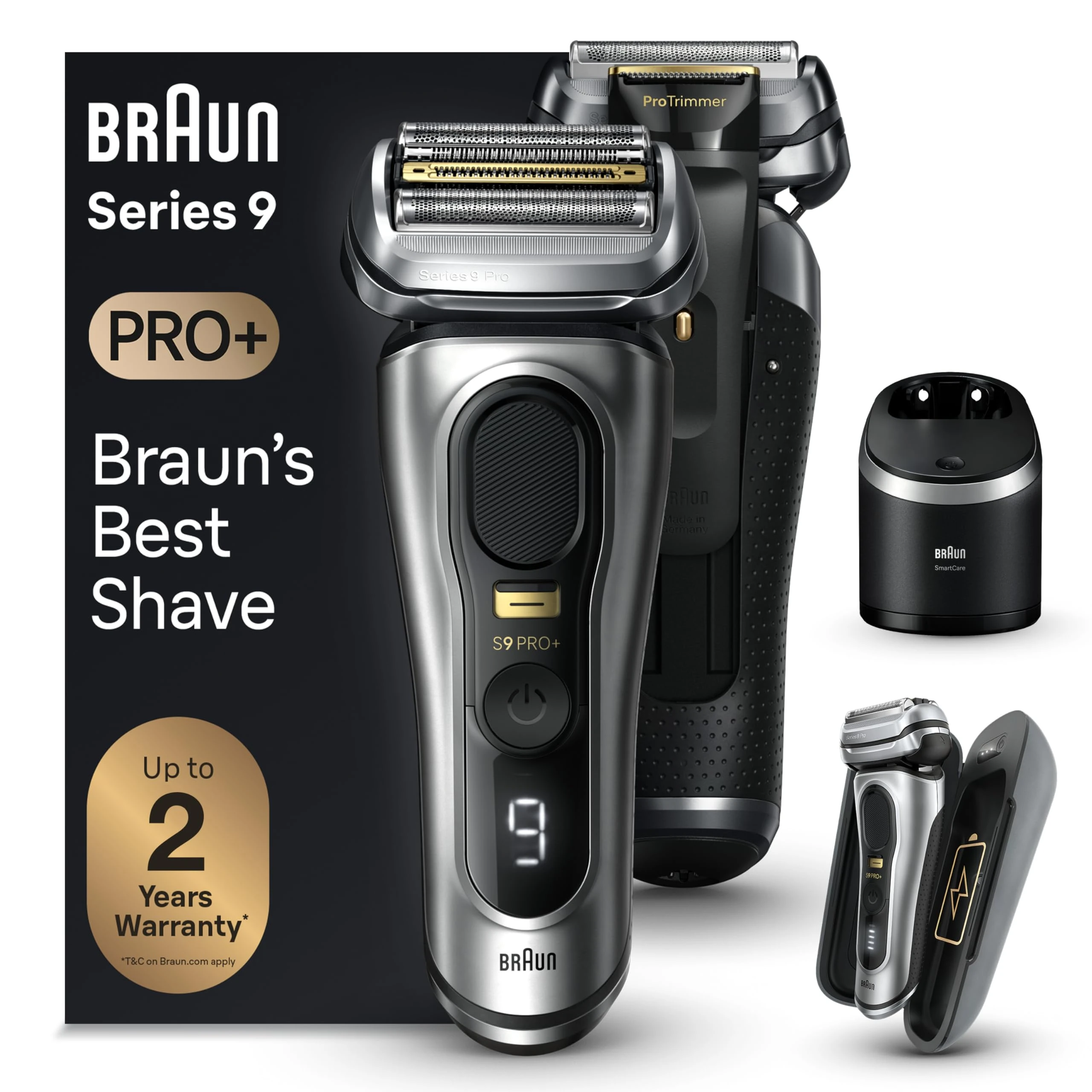 Braun 9 Series PRO+ 9577cc Men's Electric Shaver, 5 Pro Elements and Precision Razor for Long Hair, Centro SmartCare 6in1, PowerCase Mobile Charging, Wet & Dry