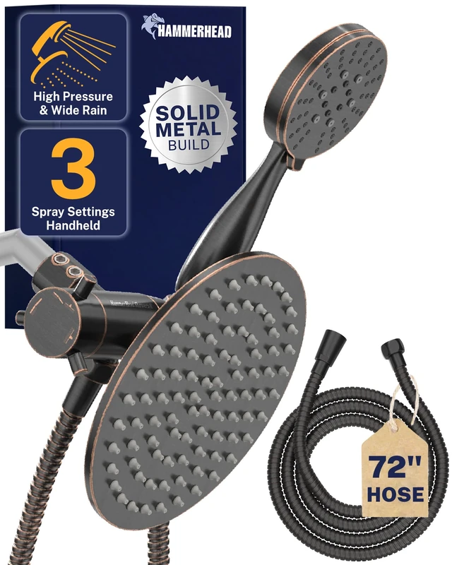 Hammerhead Showers® Double Metal Shower Head, Oil Rubbed Bronze 8 Inch Rain Shower Head High Flow Handheld Shower Head with 3 Liquids High Pressure with Hose 6ft Luxury Double Shower Heads