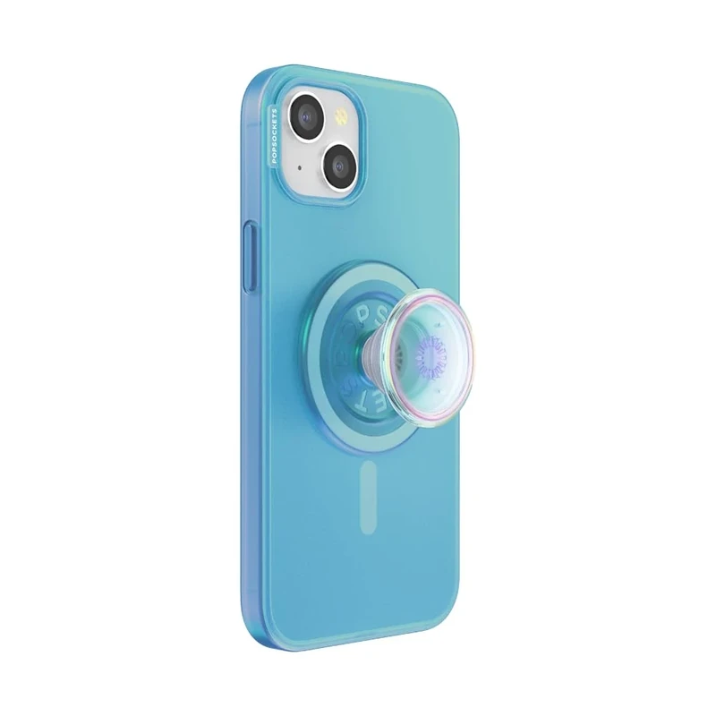 PopSockets iPhone 15 Plus Case with Phone Grip and Slide Compatible with MagSafe, Phone Case for iPhone 15 Plus, Wireless Charging Compatible - Opalescent Blue