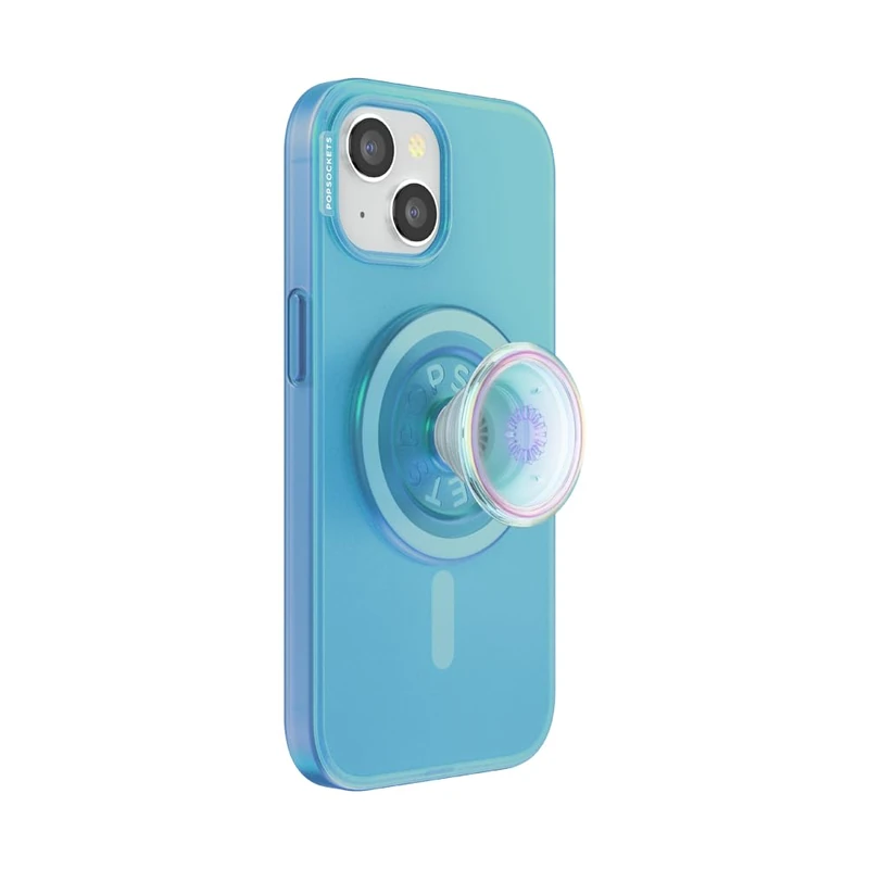 PopSockets iPhone 15 Case with Phone Grip and Slide Compatible with MagSafe, Phone Case for iPhone 15, Wireless Charging Compatible - Opalescent Blue