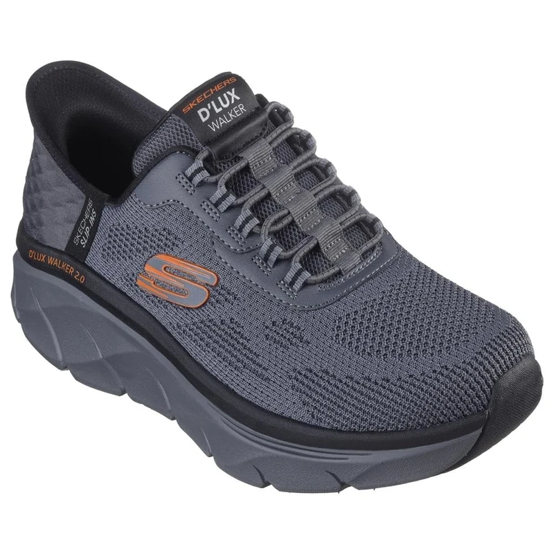 Skechers Mens D'lux Walker 2.0 Rezinate Hands Free Slip-in, Charcoal/Orange, 11