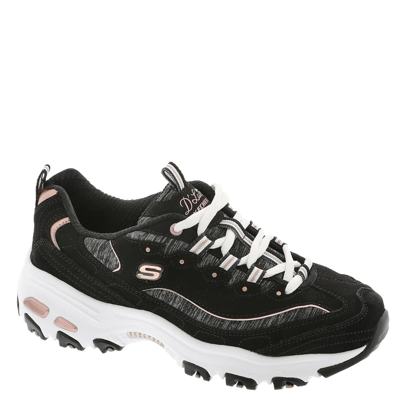 Skechers Womens D'Lites Me-timeSneaker, Black Rose Gold, 6