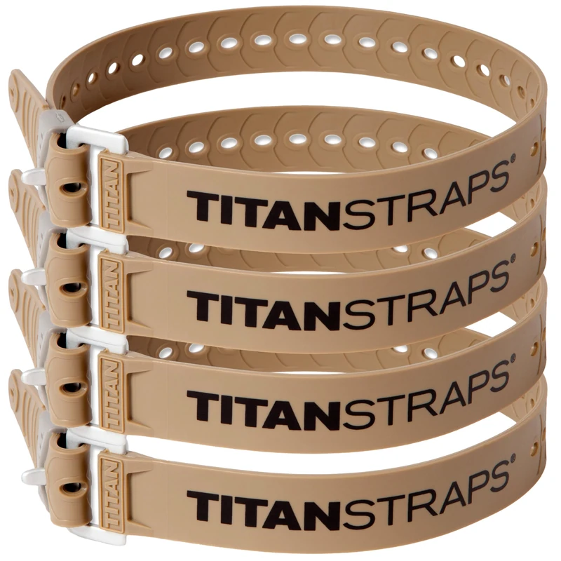 Titan Industrial Straps – Safety Strap Set to Secure Splits, Cargo Bikes, Garden Hoses, Wood Working Projects – 70 lb. Working Load, 25" Length, 4-Pack Coyote Tan
