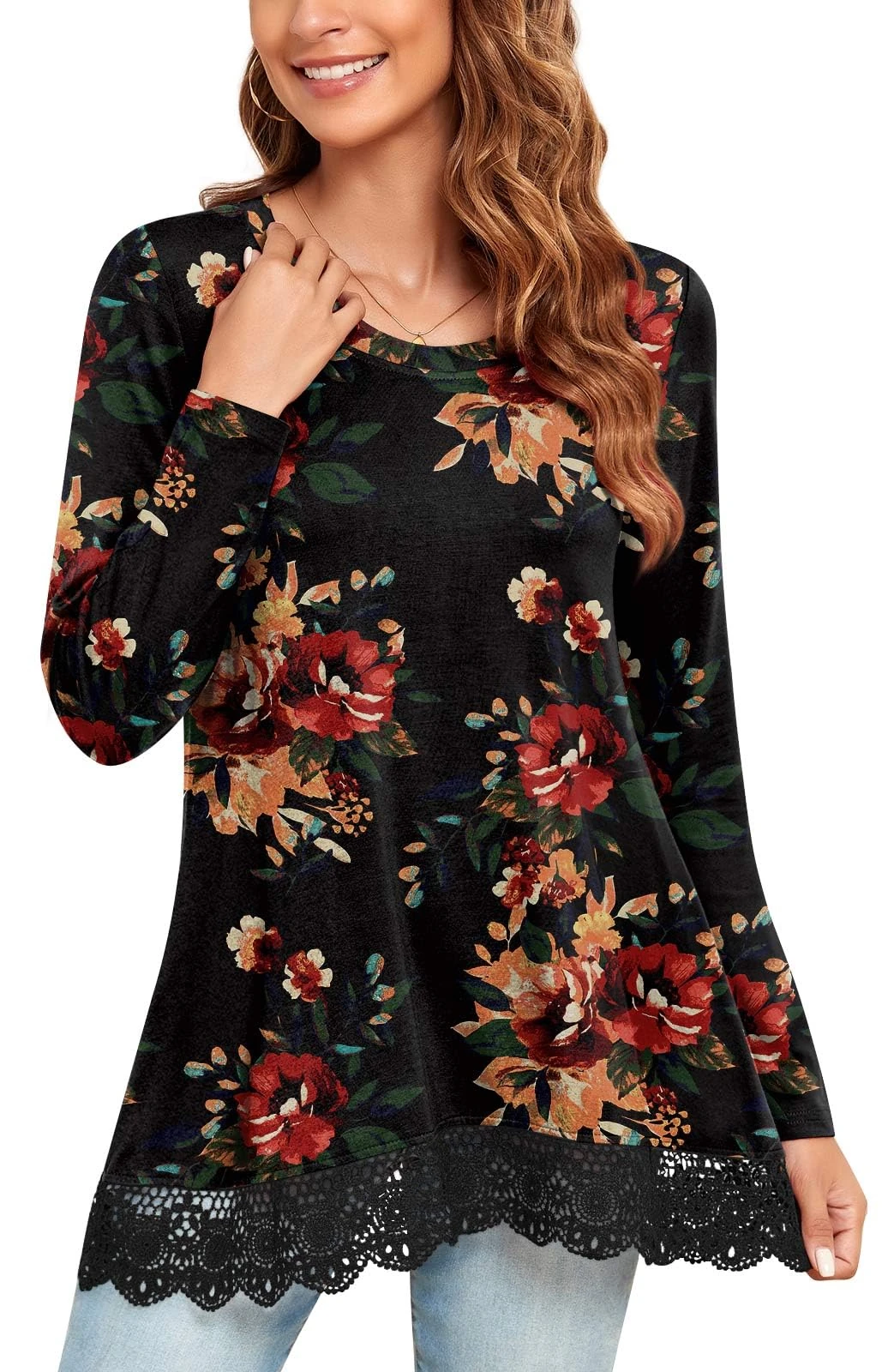 Bestbee Womens Fall Long Sleeve Tops Lace Hem Tunic Crew Neck Loose Fit Blouse Shirts for Leggings Ladies Casual T-Shirts, L, Brown Floral Black