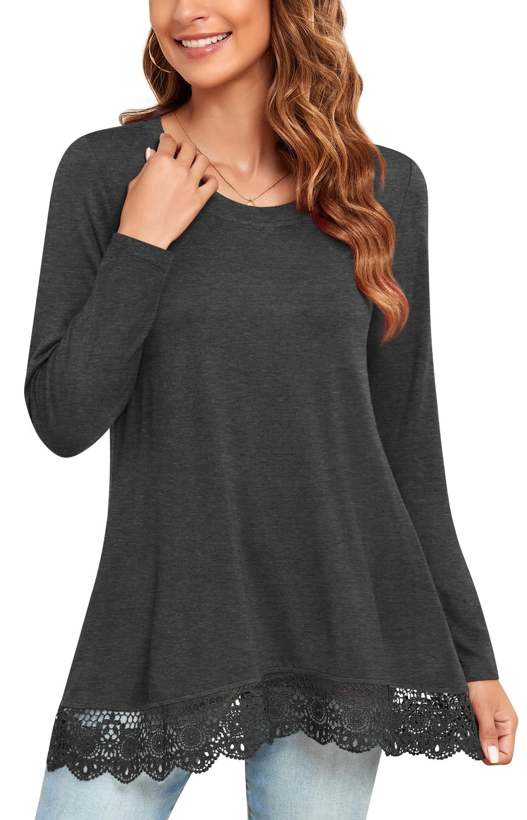 Bestbee Womens Fall Long Sleeve Tops Lace Hem Tunic Crew Neck Loose Fit Blouse Shirts for Leggings Ladies Casual T-Shirts, L, Dark Grey