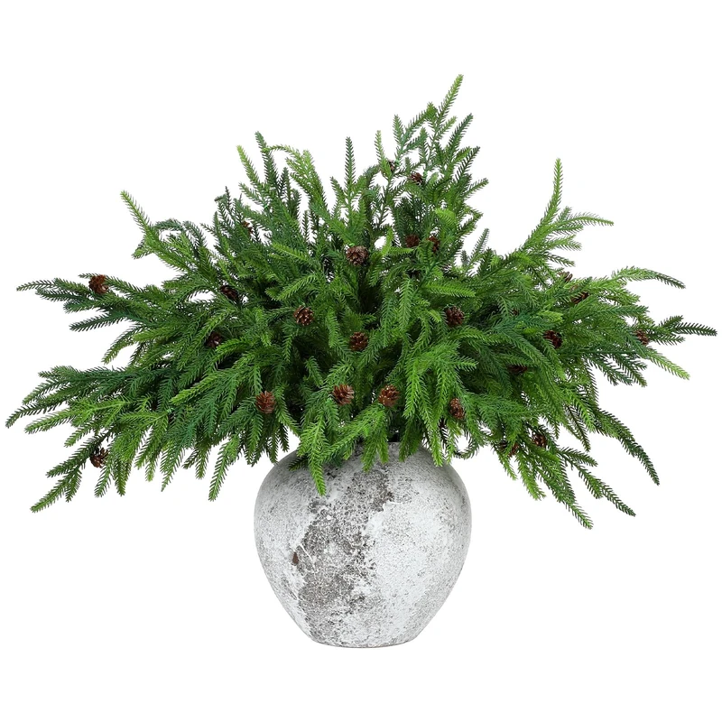 Yinder Xmas Norfolk Pine Branches with Pine Cones - Artificial Christmas Branches for Indoor Outdoor Home Decor (16 Pcs)