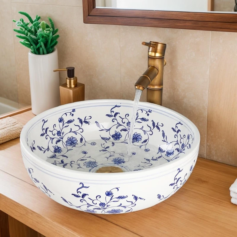 LONUEBU 16 Inch Bathroom Sink, Blue and White Porcelain Art Ceramic Round Bowl Sink Above Counter Vessel Sink with Bamboo Faucet and Pop-up Drain Combo