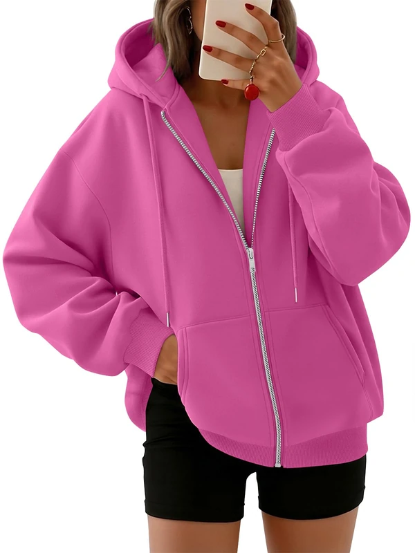 Trendy Queen Womens Zip Up Y2K Hoodies Long Sleeve Fall Oversized Casual Sweatshirts Jacket with Pocket, Hot Pink, M