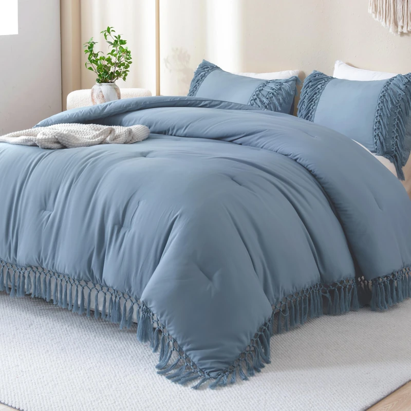 Andency Grayish Blue Comforter Set Queen, 3 Pieces Boho Tassel Bedding