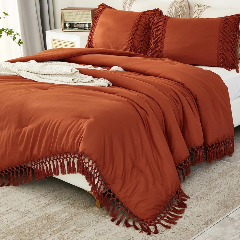 Andency Burnt Orange Comforter Set California King, 3 Pieces Boho Cal King Tassel Lightweight Soft Bedding Comforter Sets, Oversized Bed Set (104x96In Comforter & 2 Pillowcases)