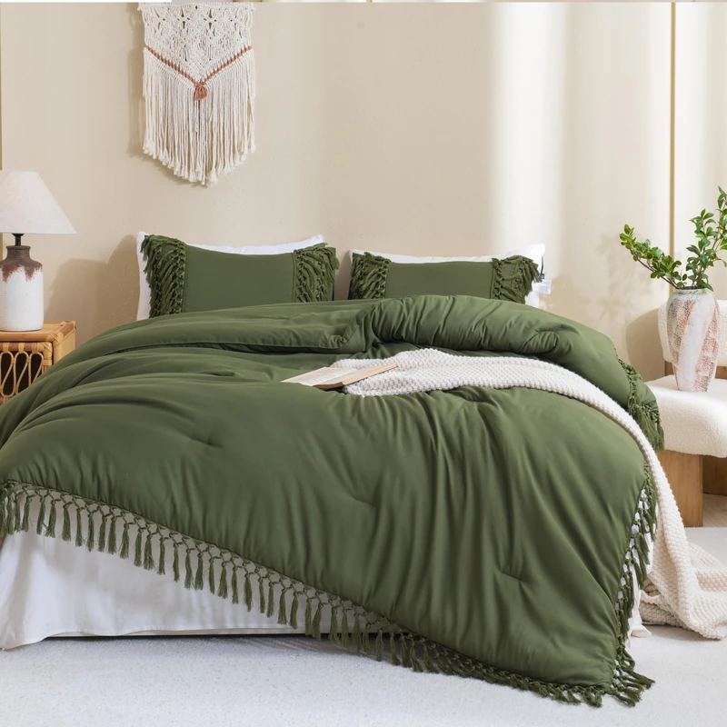 Andency Olive Green Comforter Set King, 3 Pieces Boho Tassel Lightweight Soft Bedding Comforter Sets for King Bed, All Season Fluffy Fringe Bed Set (104x90In Comforter & 2 Pillowcases)