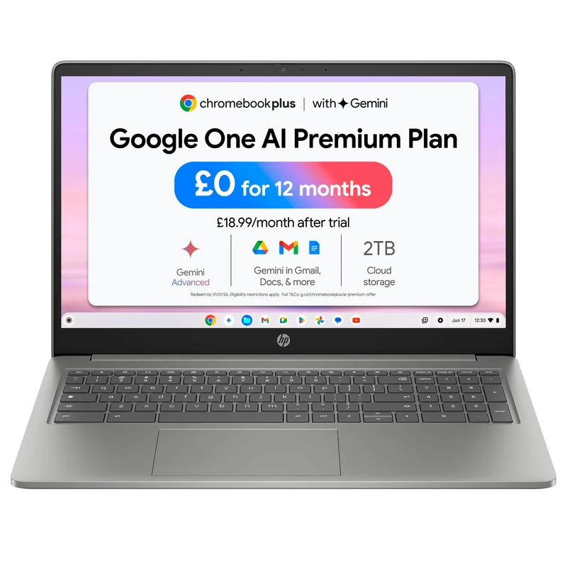 HP Chromebook Plus 15.6", Intel Core i3-N305 Processor, 8 GB RAM, 128 GB Flash Storage, Intel UHD Graphics, FHD Display, Up to 13hrs battery, Chrome OS, Dual Speakers, Silver, 15b-nb0002sa