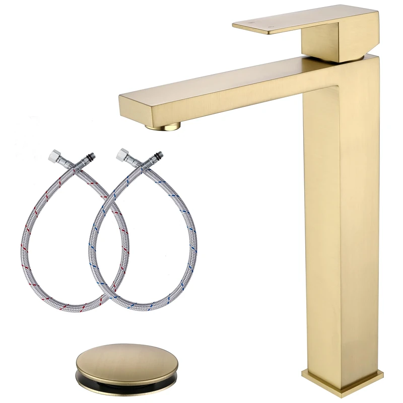 Bathroom Vessel Sink Faucet Brushed Gold, Single Hole Bathroom Sink Faucet, AmirLans Single Handle Vanity Faucet Basin Mixer Tap with Water Supply Lines and Pop Up Drain, AML-11411-BG