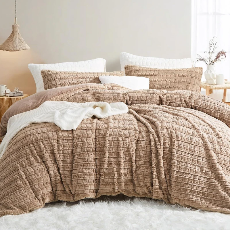 Lanqinglv Plush Bed Linen 135 x 200 cm Faux Fur Khaki Fluffy Winter Bed Linen Warm Cosy Flannel Fleece Cashmere Touch Flannelette Duvet Cover with Zip and 1 Pillowcase 80 x 80 cm