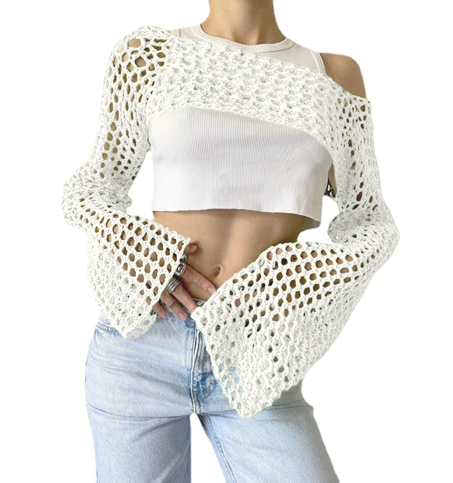 Bnigung Women's Mesh Crochet Crop Tops Shrugs Sexy Y2k Hollow Out Cropped Knit Sweater See Through Bikini Cover Ups, White, Small