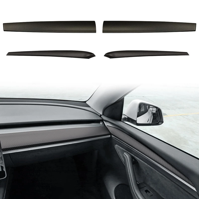 YJMOTOR for Tesla Model 3 Y Dash Wrap Front Door Trim ABS Dashboard Cover Cap Interior Decoration Wrap Kit Compatible Whit 2020-2023 Model 3/Y Accessories 4Pcs(Matte Carbon Fiber Pattern)