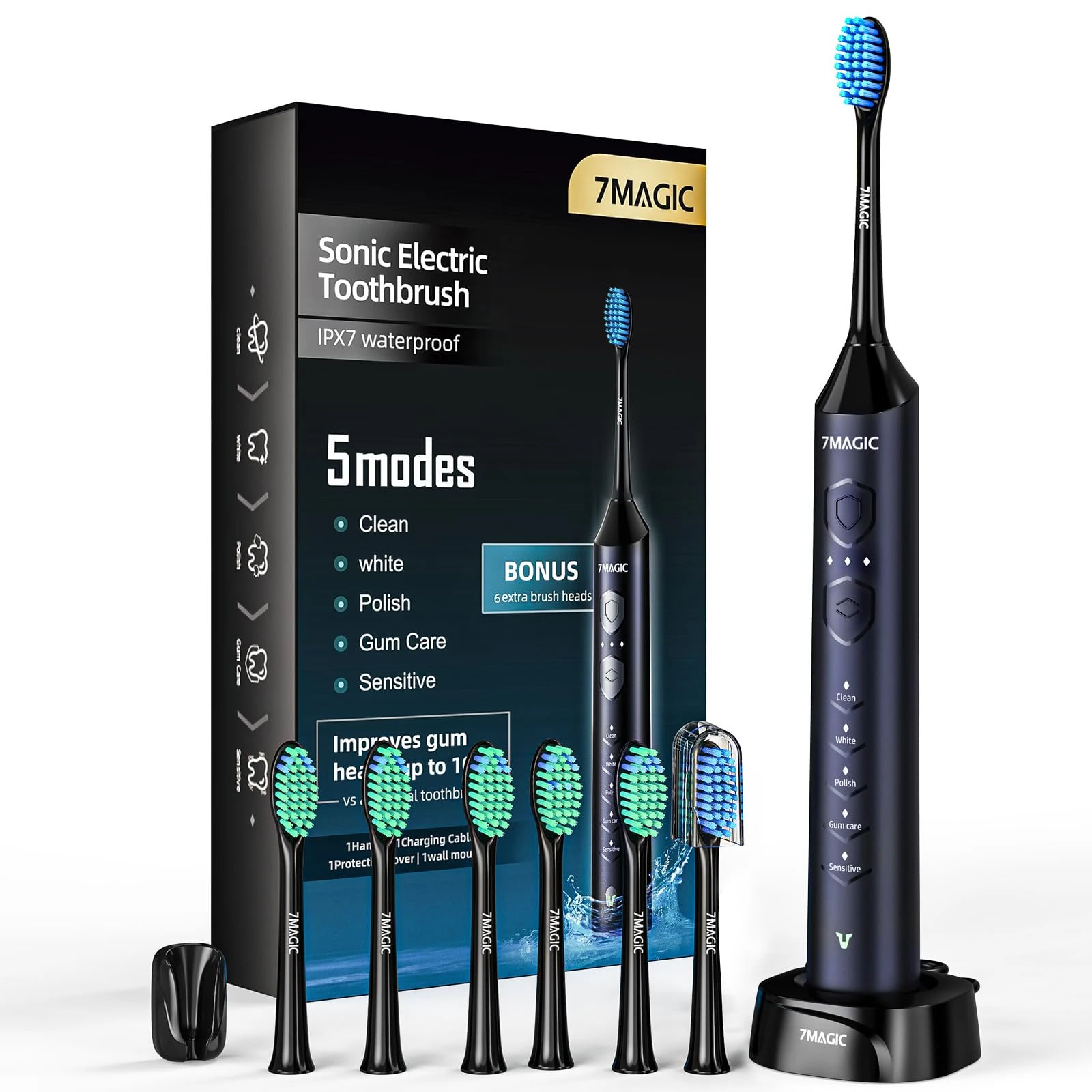Electric Toothbrush for Adults, Sonic Electric Toothbrush with 3 Intensity Levels & 5 Modes, One Charge for 90 Days, Rechargeable Toothbrush with 6 Toothbrush Heads & 40,000 VPM Deep Clean(Blue)