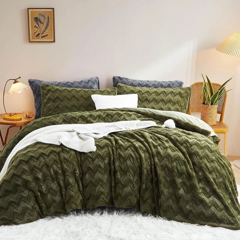 Lanqinglv Plush Bed Linen 135 x 200 cm Green Faux Fur Fluffy Winter Bed Linen Warm Cosy Flannel Fleece Wave Pattern Flannelette Duvet Cover with Zip and 1 Pillowcase 80 x 80 cm