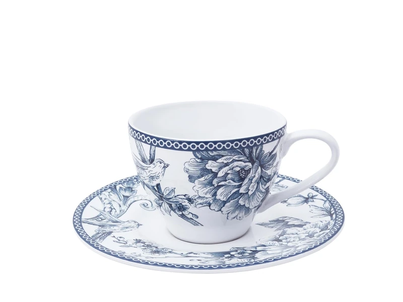 H&H Kensington Set of 6 Porcelain Blue and White Tea Cups 240cc with Saucer English Style