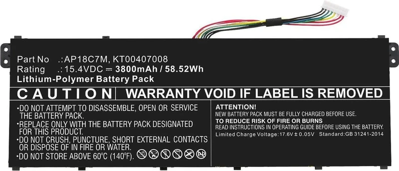 CoreParts Sparepart Battery for Acer Laptop 58.52Wh 15.4V 3800mAh, AP18C7M, KT00407008, TMP414RN-51-53 (58.52Wh 15.4V 3800mAh)
