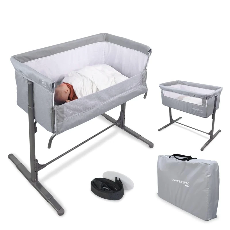 Mobiclinic® Kids, Bedside Sleeper, 2 in 1, Moon,Mattress, Next to me crib, Bed Fixing Straps, 15 kg, 5 Height Adjustable, Carrying Bag, Wheels, Breathable Mesh, Adjustable Angle (Gray)