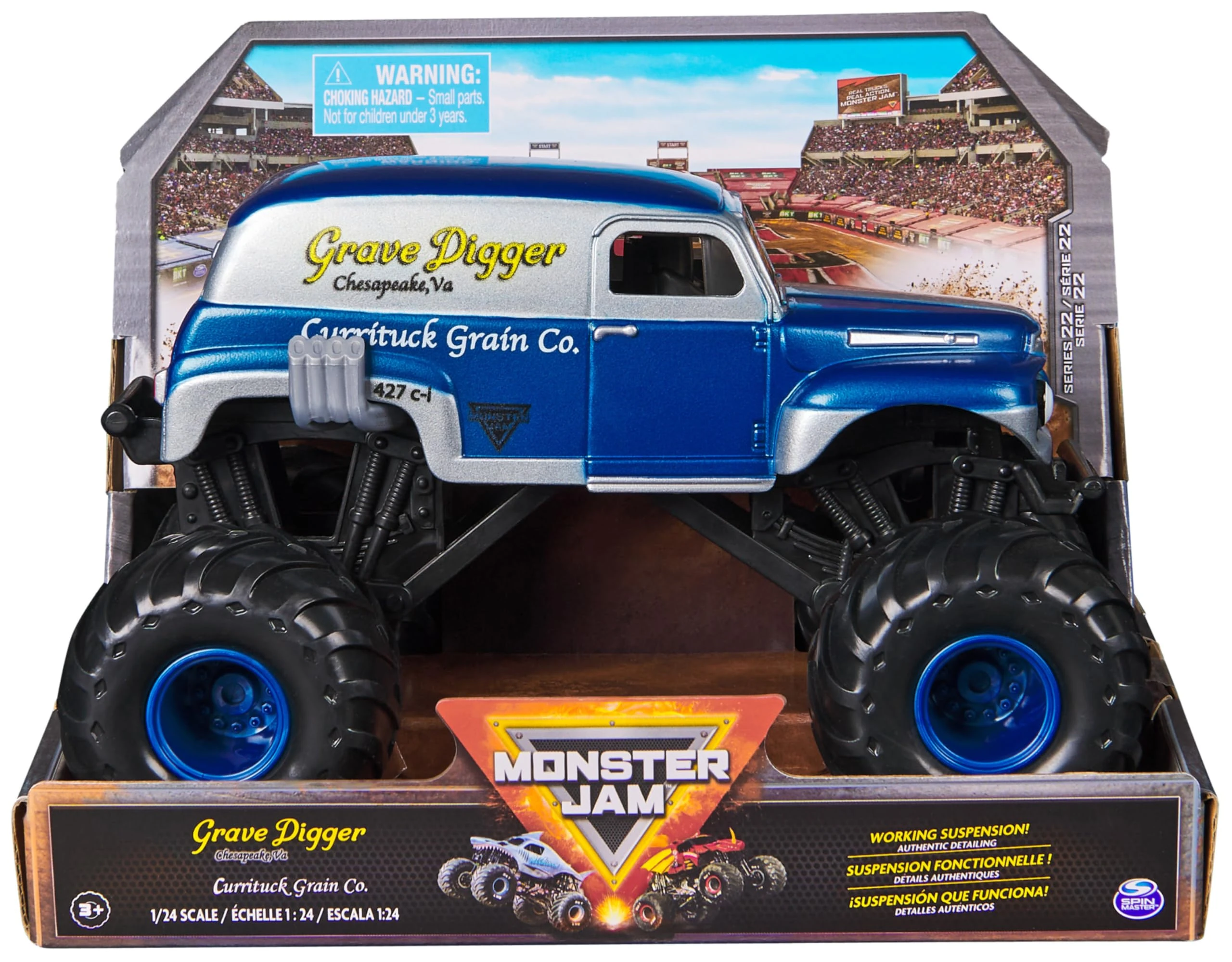 Monster Jam, Official Grave Digger Monster Truck, Currituck Grain Co Collector Die-Cast Vehicle, 1:24 Scale, Kids’ Toys for Boys and Girls Aged 3 and up, Black