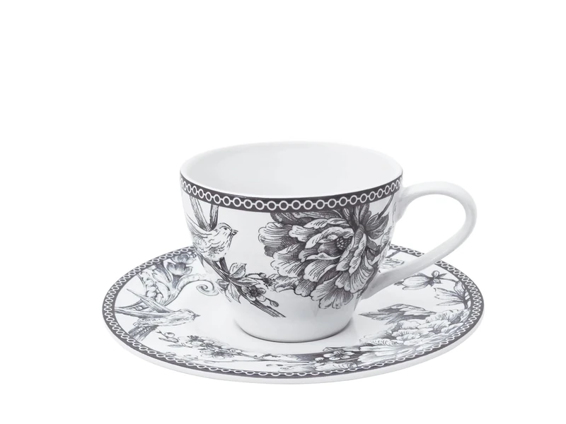 H&H Mayfair Set of 6 Porcelain Tea Cups Grey and White 240cc with Saucer English Style
