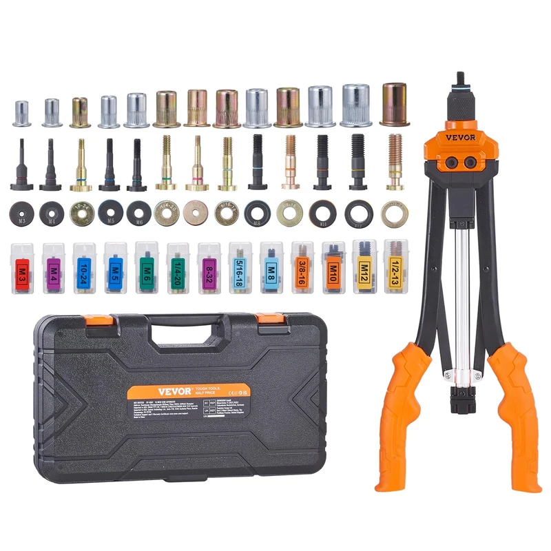 VEVOR Rivet Nut Tool, 16” Rivnut Tool Kit with 13PCS Metric and SAE Mandrels, 186PCS Rivet Nuts, M3, M4, 10-24, M5, M6, 1/4-20, 8-32, 5/16-18, M8, 3/8-16, M10, M12, 1/2-13, Semi-auto Retraction