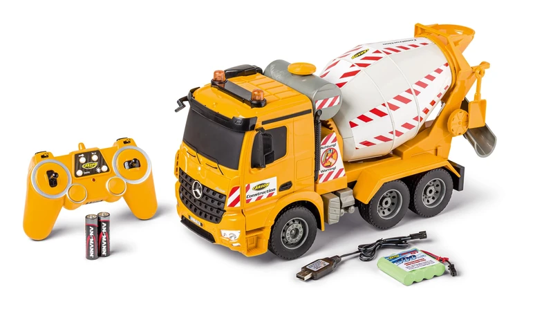 Carson 500907667 1:20 MB Arocs Concrete Mixer 100% RTR Remote Controlled Vehicle, RC Concrete Mixer with Functions Light and Sound, Includes Batteries and Remote Control, Yellow